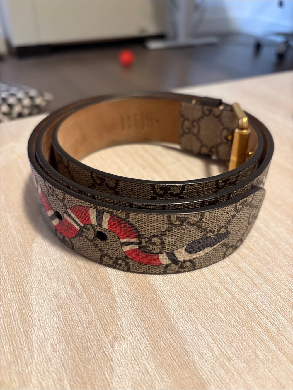 Gucci Beige Monogram Belt with Red & Black Snake Print